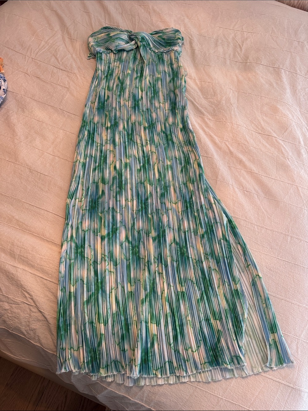 Strapless Pleated Maxi Dress in Green and White